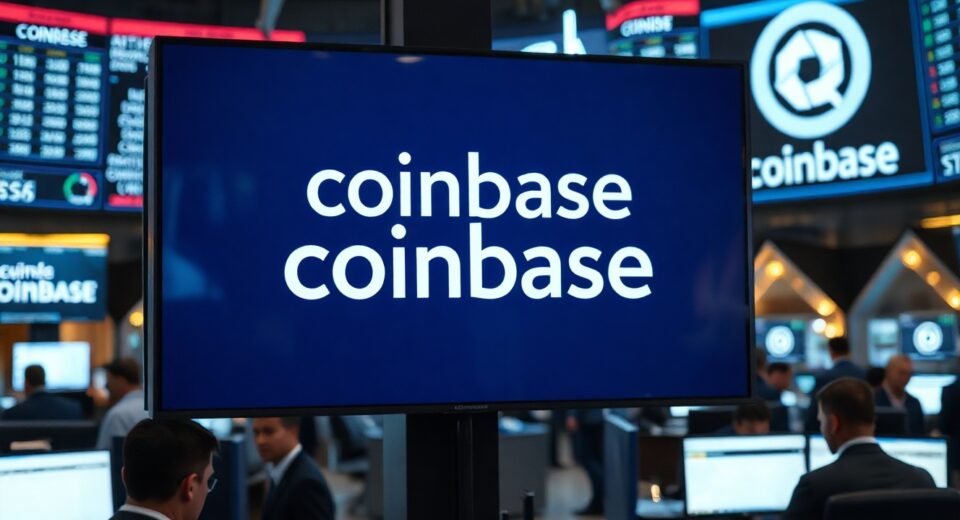 Coinbase logo displayed on a screen in a financial trading floor with traders in the background