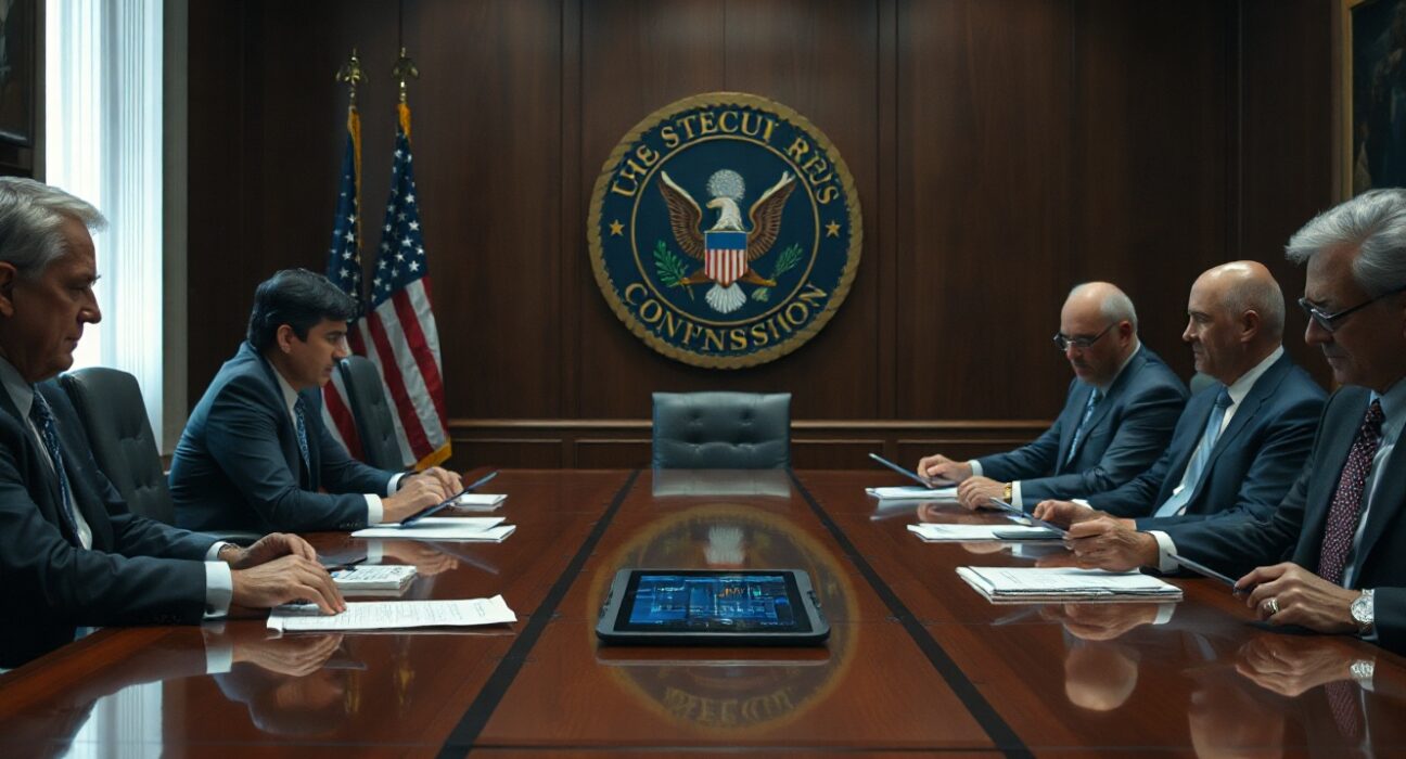 Wall Street representatives in a boardroom reviewing documents about SEC regulation of tokenized securities