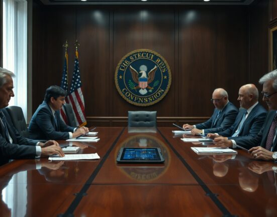 Wall Street representatives in a boardroom reviewing documents about SEC regulation of tokenized securities