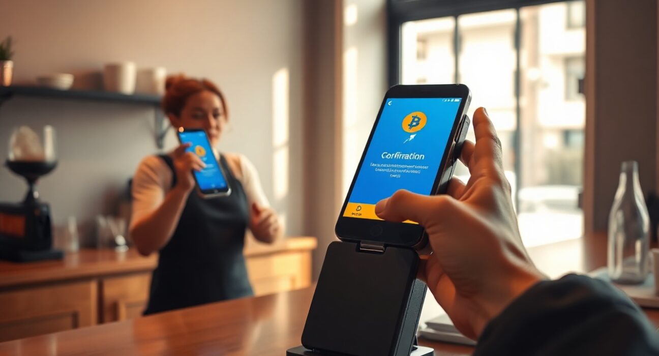 Barista processing a Bitcoin Lightning payment on a self-custody point-of-sale terminal at a coffee shop counter.