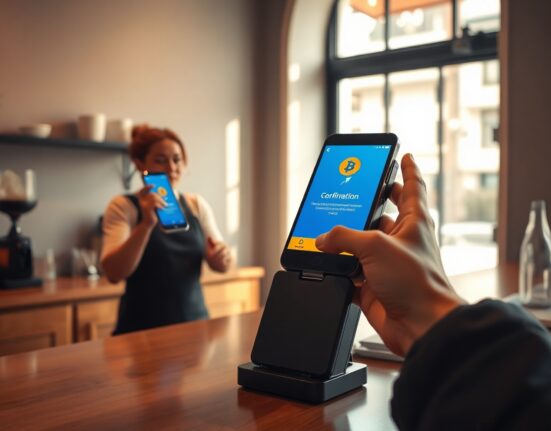 Barista processing a Bitcoin Lightning payment on a self-custody point-of-sale terminal at a coffee shop counter.