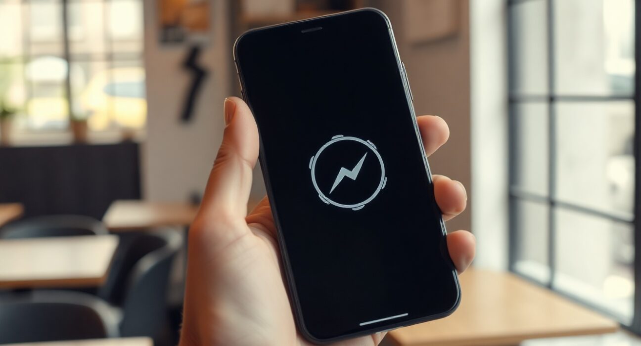 Person using a Bitcoin Lightning wallet app on a smartphone in a café