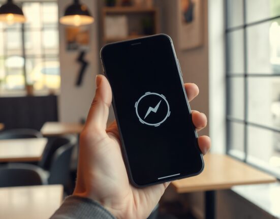 Person using a Bitcoin Lightning wallet app on a smartphone in a café