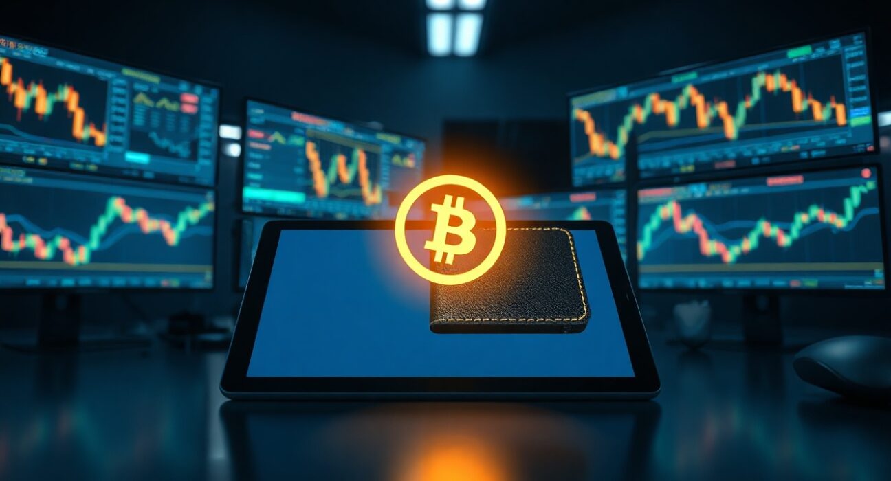 Digital wallet interface showing a cryptocurrency token transfer from Binance, with trading monitors in background.