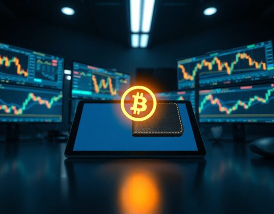 Digital wallet interface showing a cryptocurrency token transfer from Binance, with trading monitors in background.
