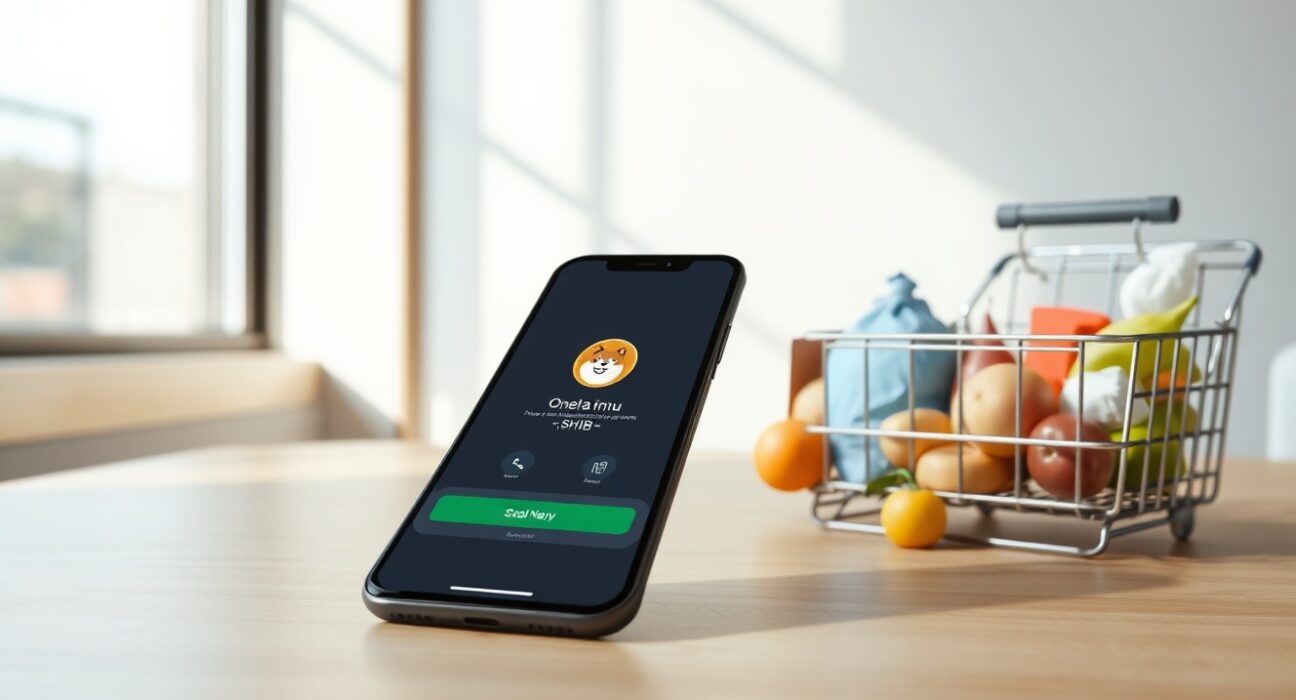One Pay app on a smartphone confirming a Shiba Inu cryptocurrency payment for retail goods.