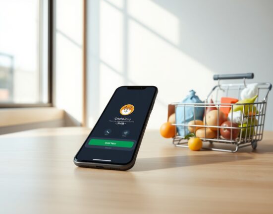 One Pay app on a smartphone confirming a Shiba Inu cryptocurrency payment for retail goods.