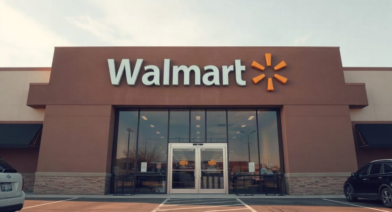 Walmart storefront exterior on a clear day, with the company's name visible above the entrance.