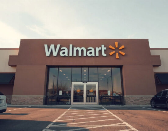Walmart storefront exterior on a clear day, with the company's name visible above the entrance.