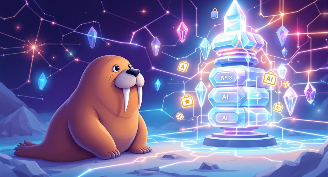 A cartoon walrus overseeing the innovative Walrus Protocol Quilt storage system, symbolizing secure and scalable on-chain data management on the Sui blockchain.