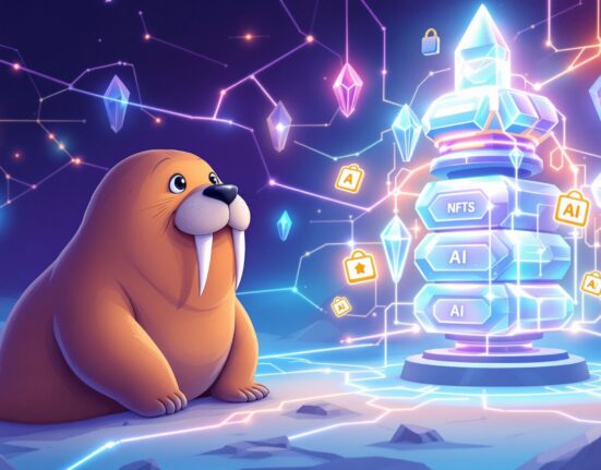 A cartoon walrus overseeing the innovative Walrus Protocol Quilt storage system, symbolizing secure and scalable on-chain data management on the Sui blockchain.