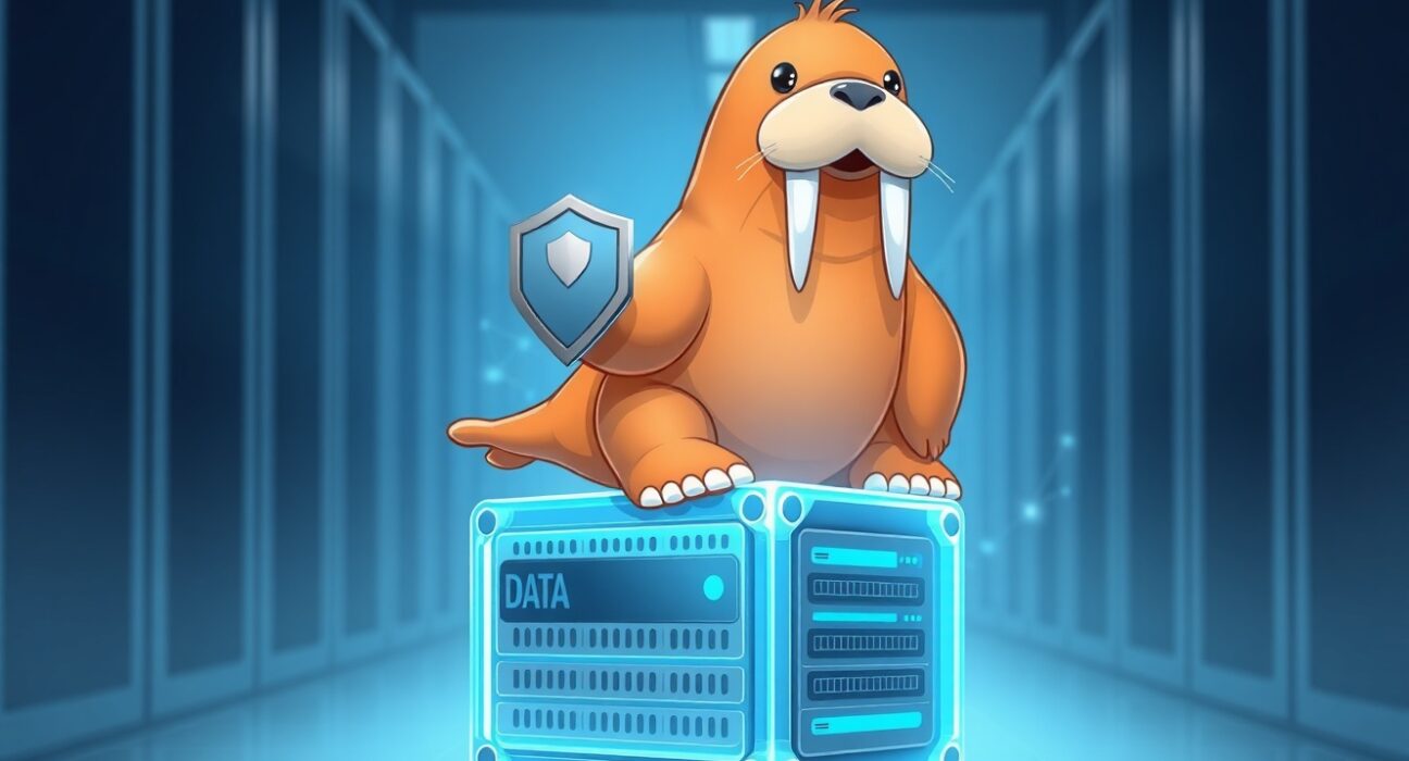 The Walrus protocol mascot symbolizing data security on the Sui blockchain for its anniversary contest.