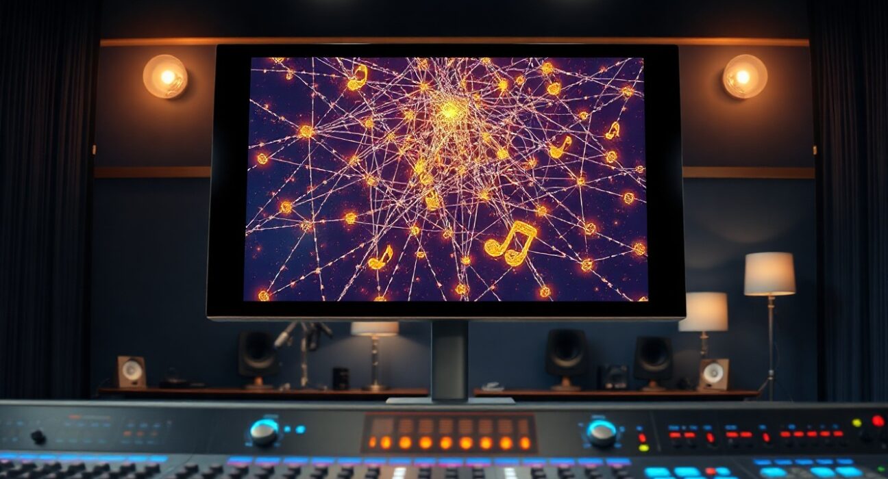 Modern recording studio control room with digital screen showing AI music attribution network