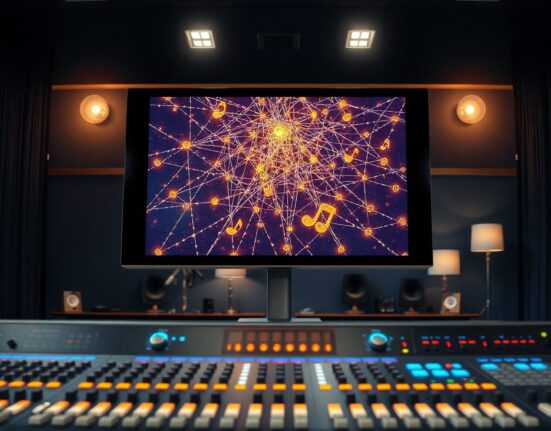 Modern recording studio control room with digital screen showing AI music attribution network