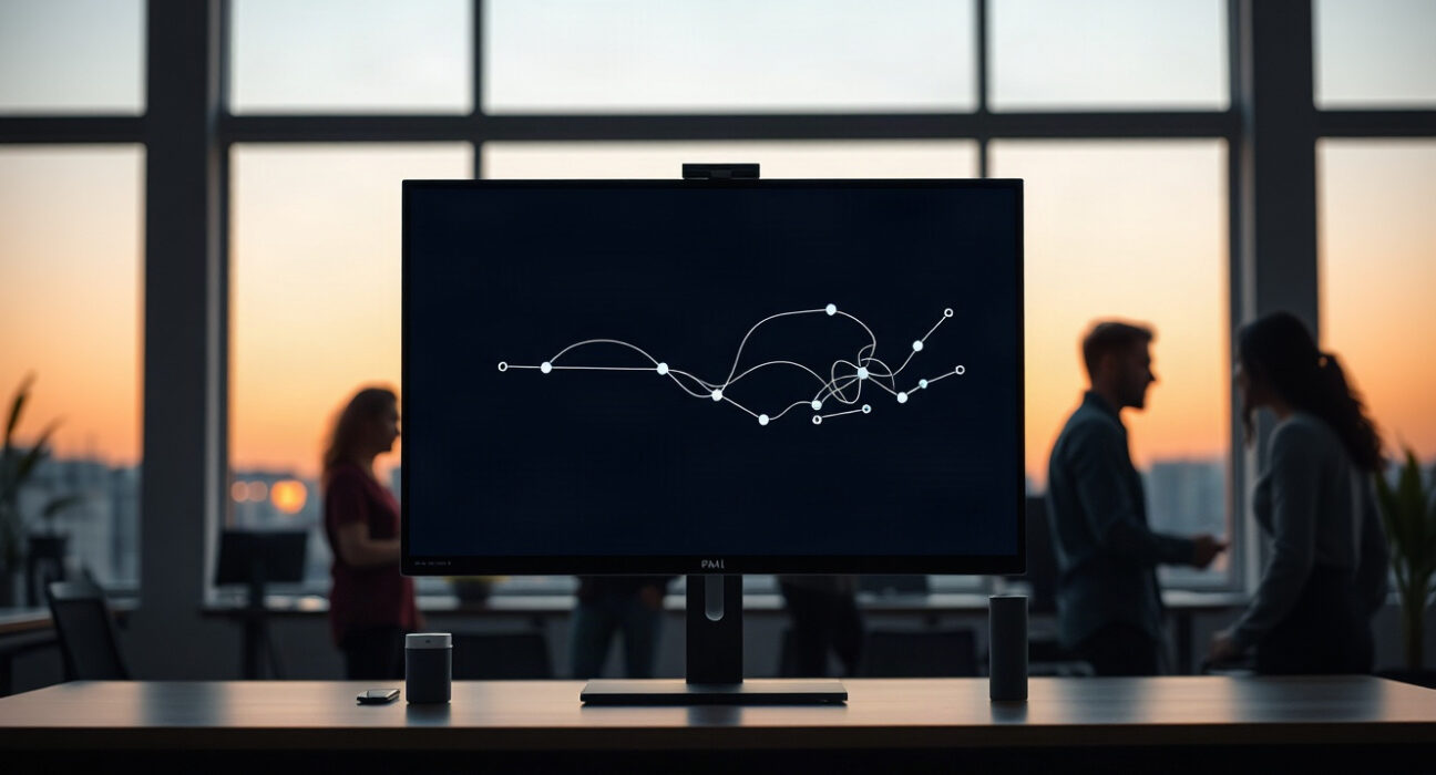 Software development team collaborating in a modern office with an AI agent pipeline visualization on screen