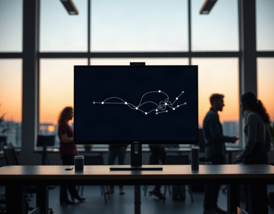 Software development team collaborating in a modern office with an AI agent pipeline visualization on screen