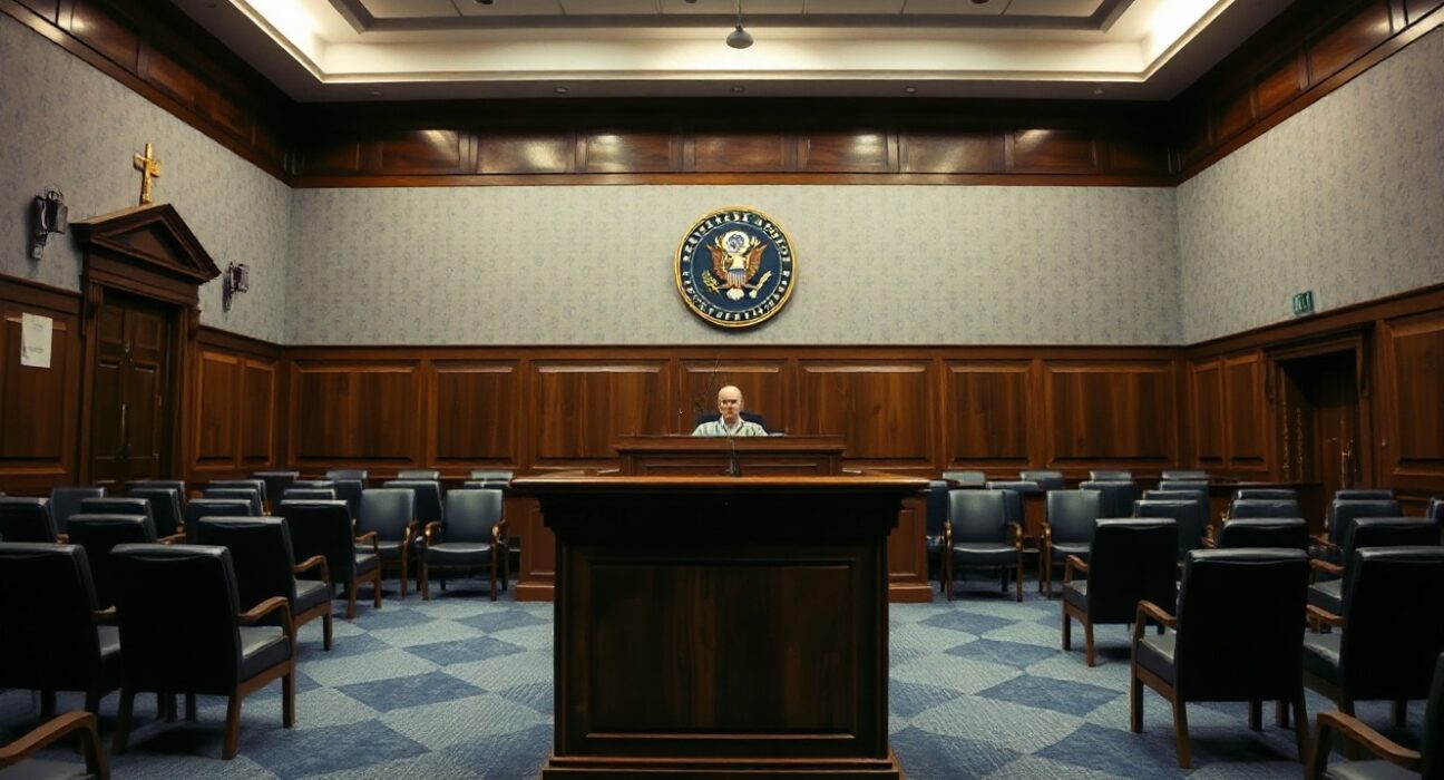 Empty Senate hearing room with committee dais and official seal