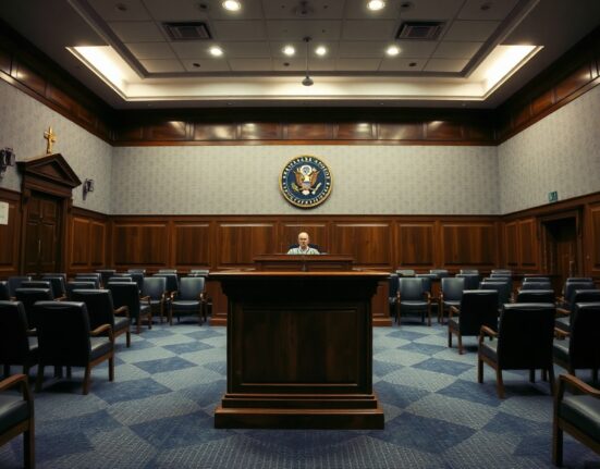 Empty Senate hearing room with committee dais and official seal