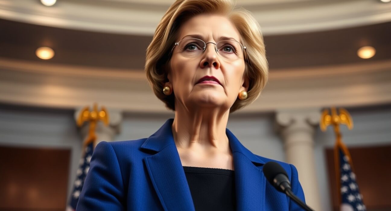 Senator Elizabeth Warren at a podium criticizing OCC crypto oversight