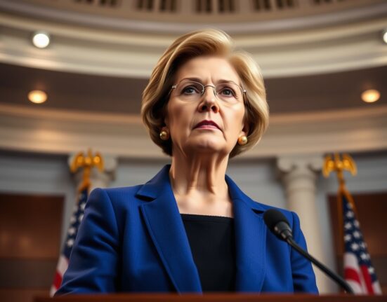 Senator Elizabeth Warren at a podium criticizing OCC crypto oversight