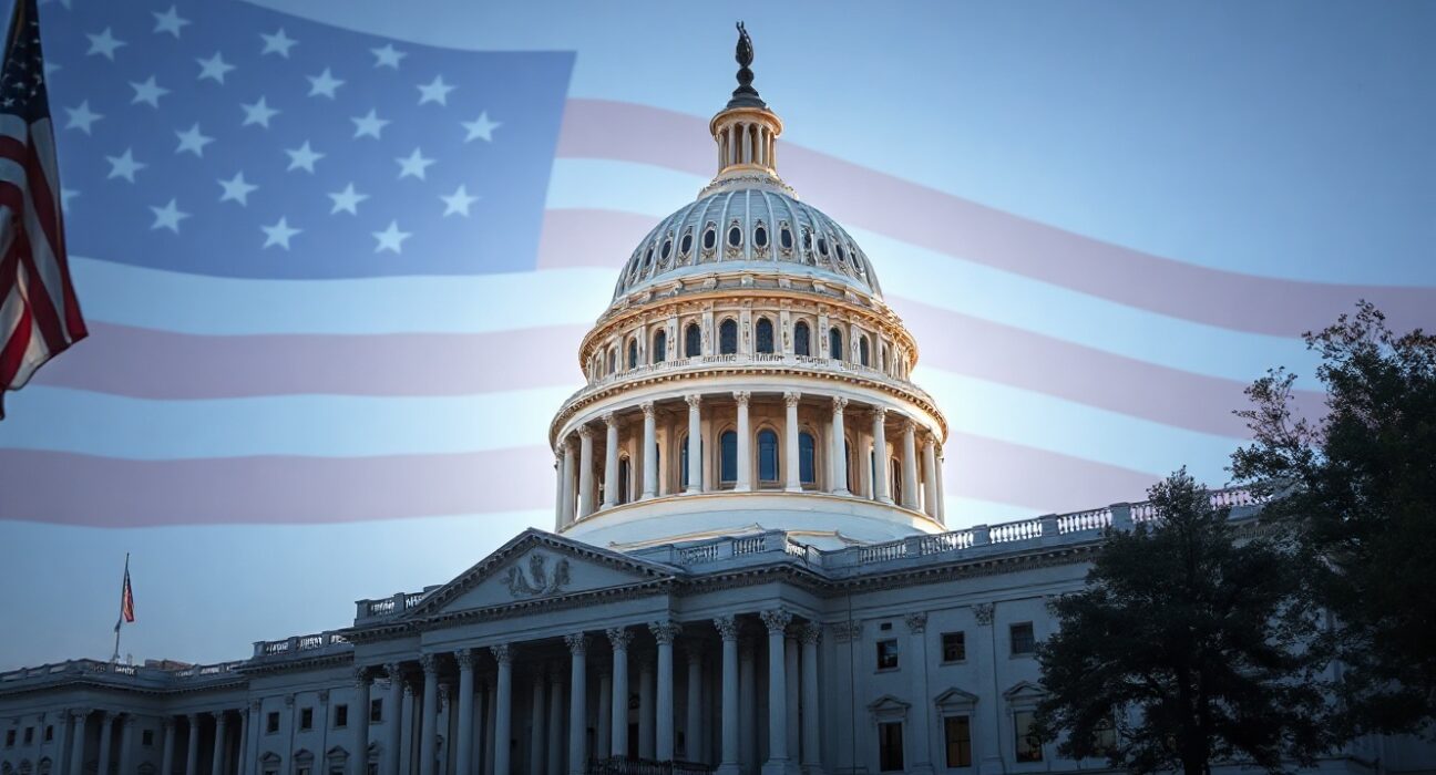 U.S. Capitol building with digital circuit overlay representing AI policy and national security concerns.