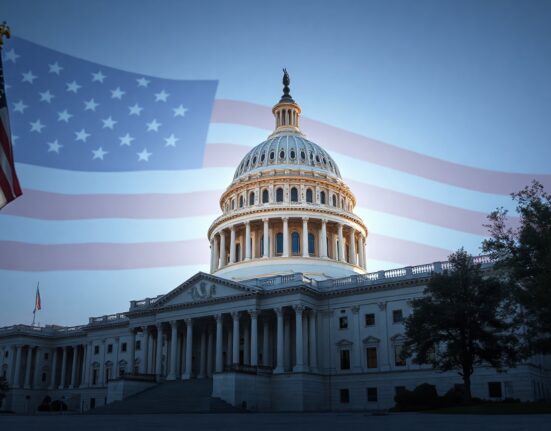 U.S. Capitol building with digital circuit overlay representing AI policy and national security concerns.