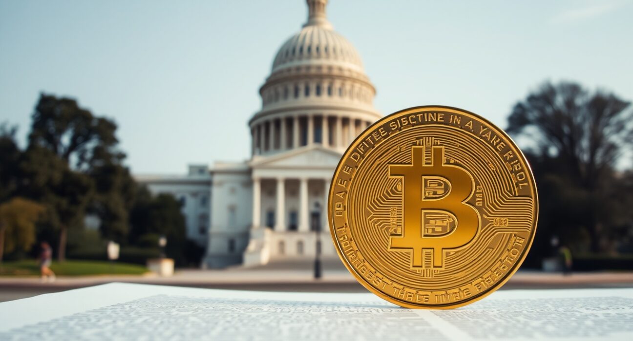 U.S. Capitol building with a Bitcoin coin and government document in the foreground, representing crypto regulation and ethics.