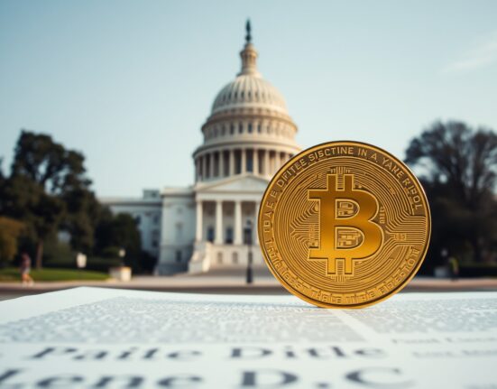 U.S. Capitol building with a Bitcoin coin and government document in the foreground, representing crypto regulation and ethics.