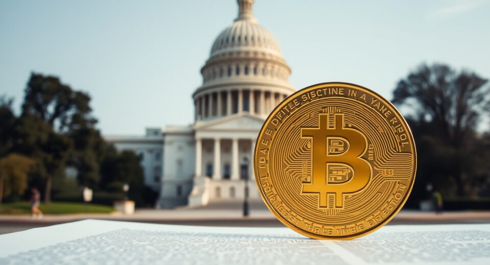 U.S. Capitol building with a Bitcoin coin and government document in the foreground, representing crypto regulation and ethics.