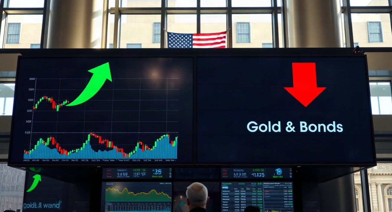Trading floor display showing mixed market movements after Fed comments