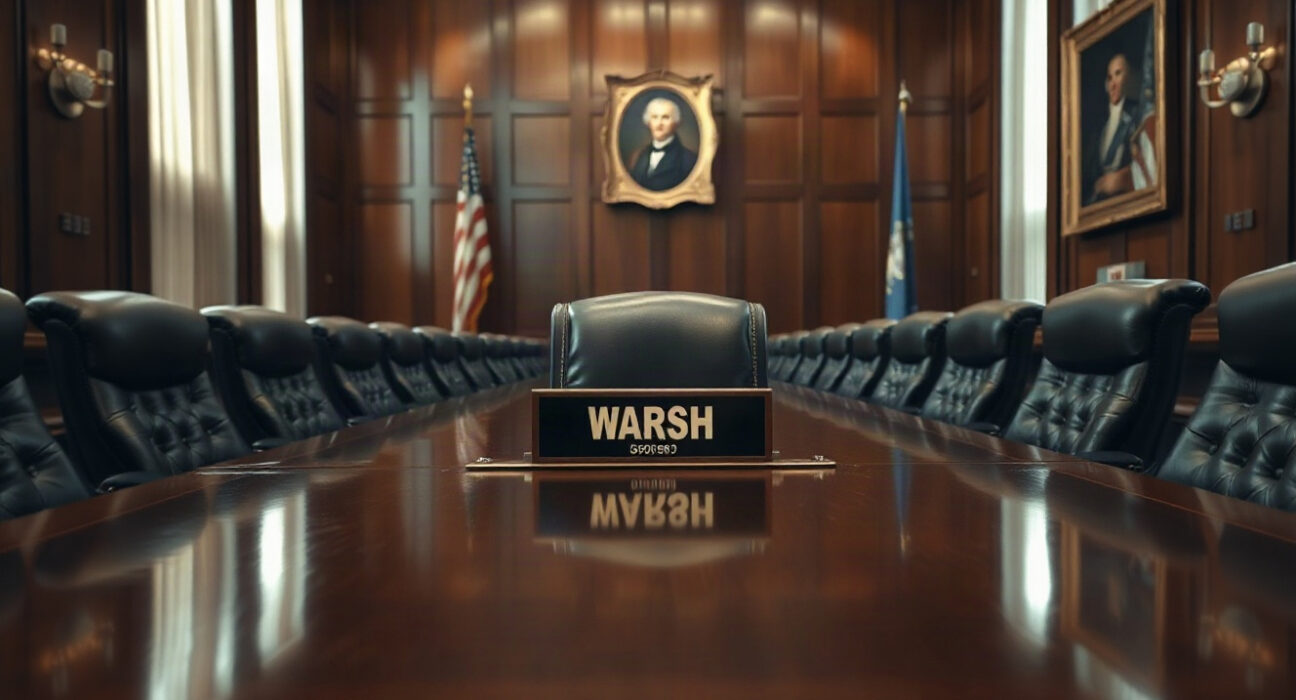 Federal Reserve Governor Warsh's chair in a meeting room, symbolizing his influence on rate hike expectations.