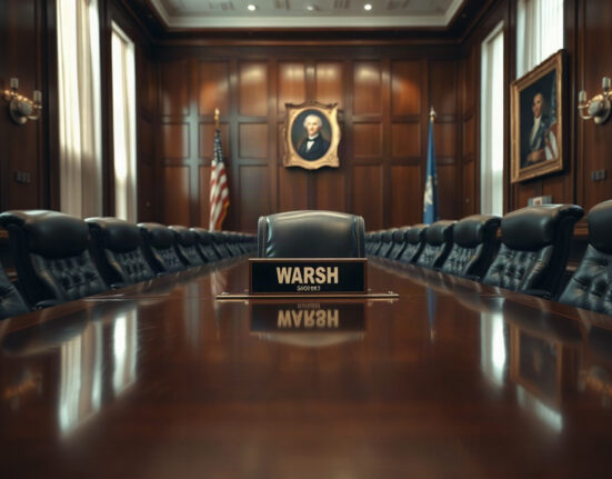 Federal Reserve Governor Warsh's chair in a meeting room, symbolizing his influence on rate hike expectations.