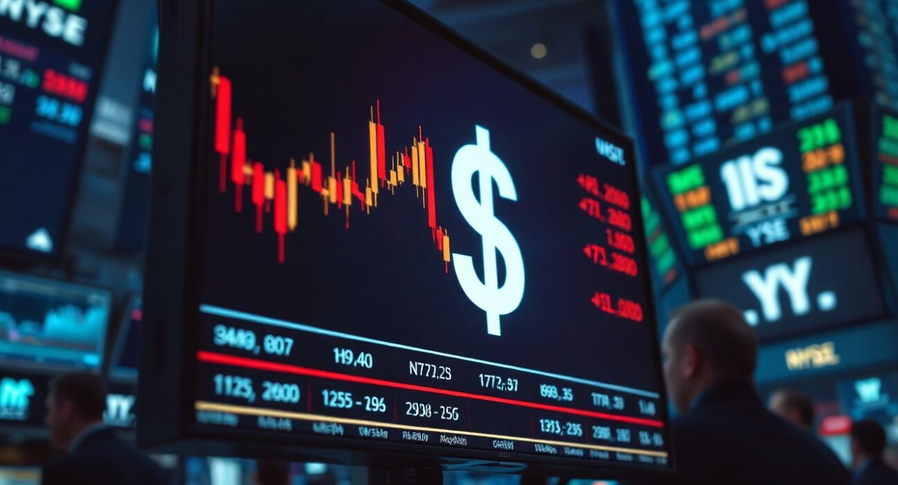 Trading screen showing dollar exchange rates and market charts in a dimly lit room