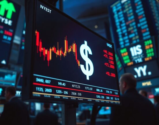 Trading screen showing dollar exchange rates and market charts in a dimly lit room