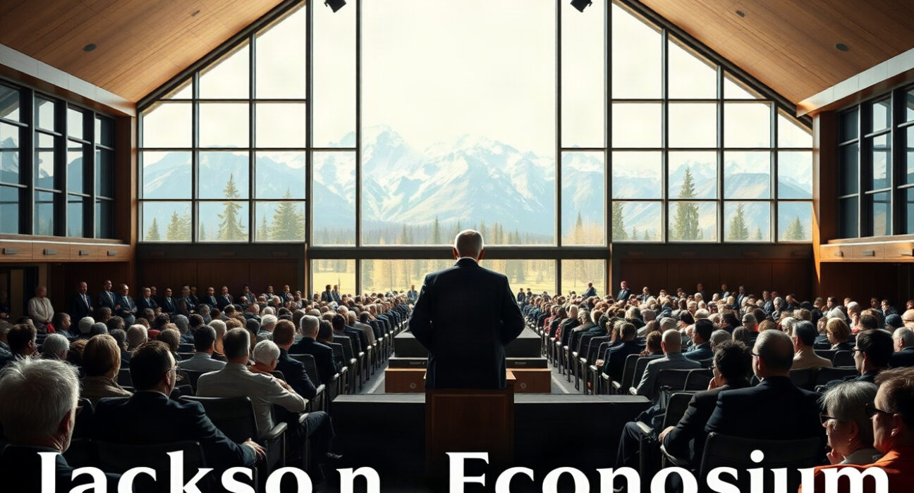 Jackson Hole Economic Symposium conference hall with speaker and audience, mountains in background
