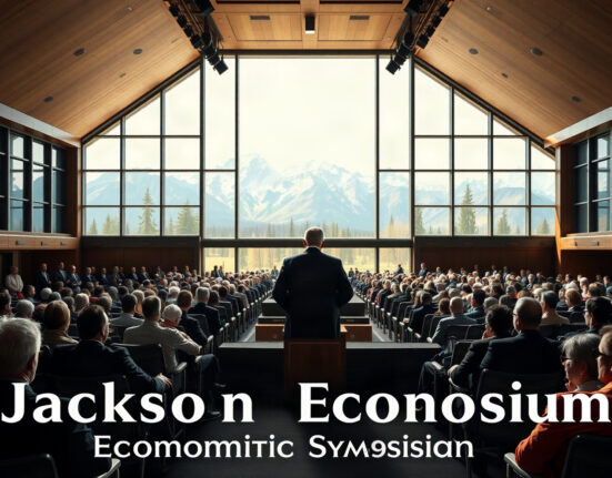 Jackson Hole Economic Symposium conference hall with speaker and audience, mountains in background