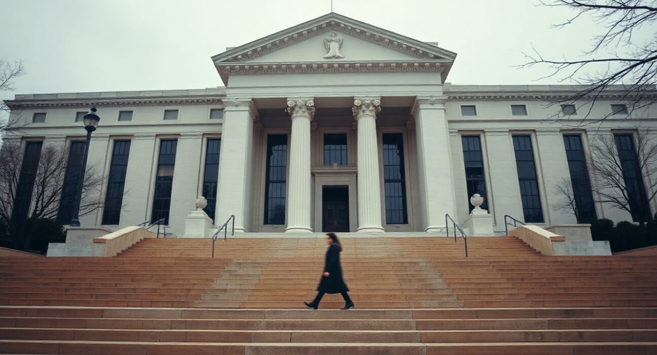 Exterior of the Federal Reserve building in Washington, D.C., on a cloudy afternoon.