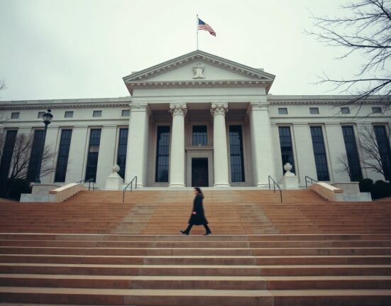 Exterior of the Federal Reserve building in Washington, D.C., on a cloudy afternoon.