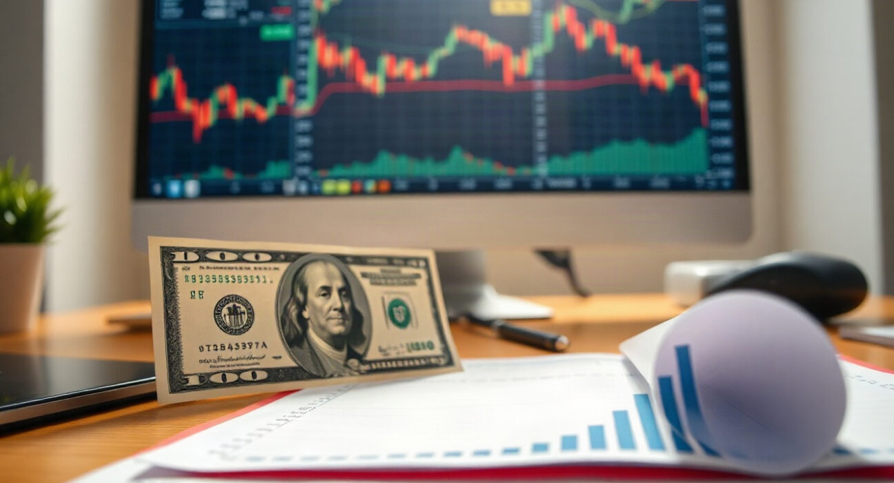 US Dollar banknotes and Treasury yield chart on a desk, reflecting market reaction to Fed Governor Warsh's speech.