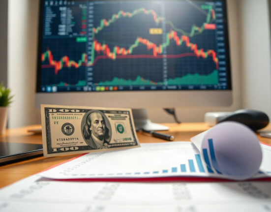 US Dollar banknotes and Treasury yield chart on a desk, reflecting market reaction to Fed Governor Warsh's speech.