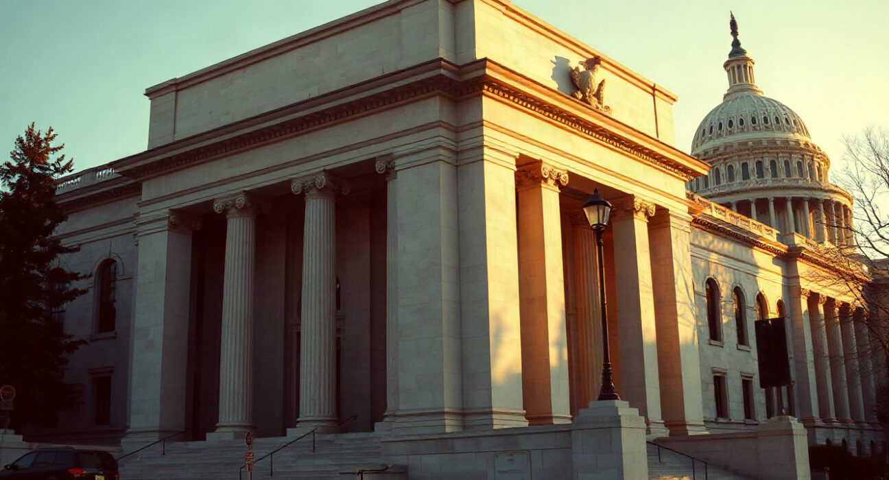 Federal Reserve Building in Washington, D.C., with US Capitol in background