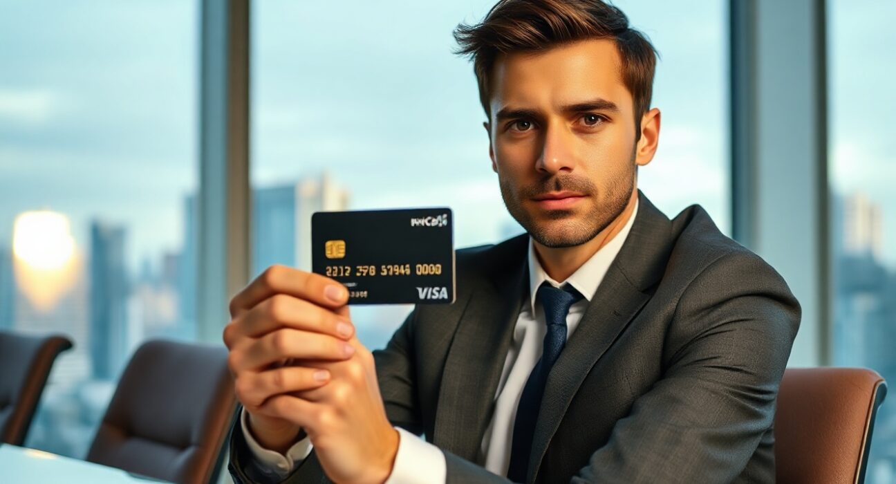 Wasabi Card CEO Ray Yang in a corporate office holding a payment card, representing stablecoin payment challenges.
