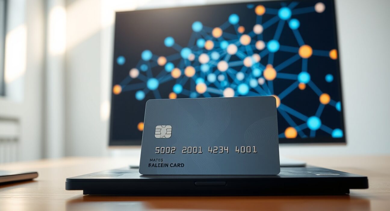 WasabiCard payment card on desk with blockchain network visualization on monitor in background