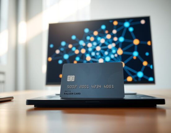 WasabiCard payment card on desk with blockchain network visualization on monitor in background