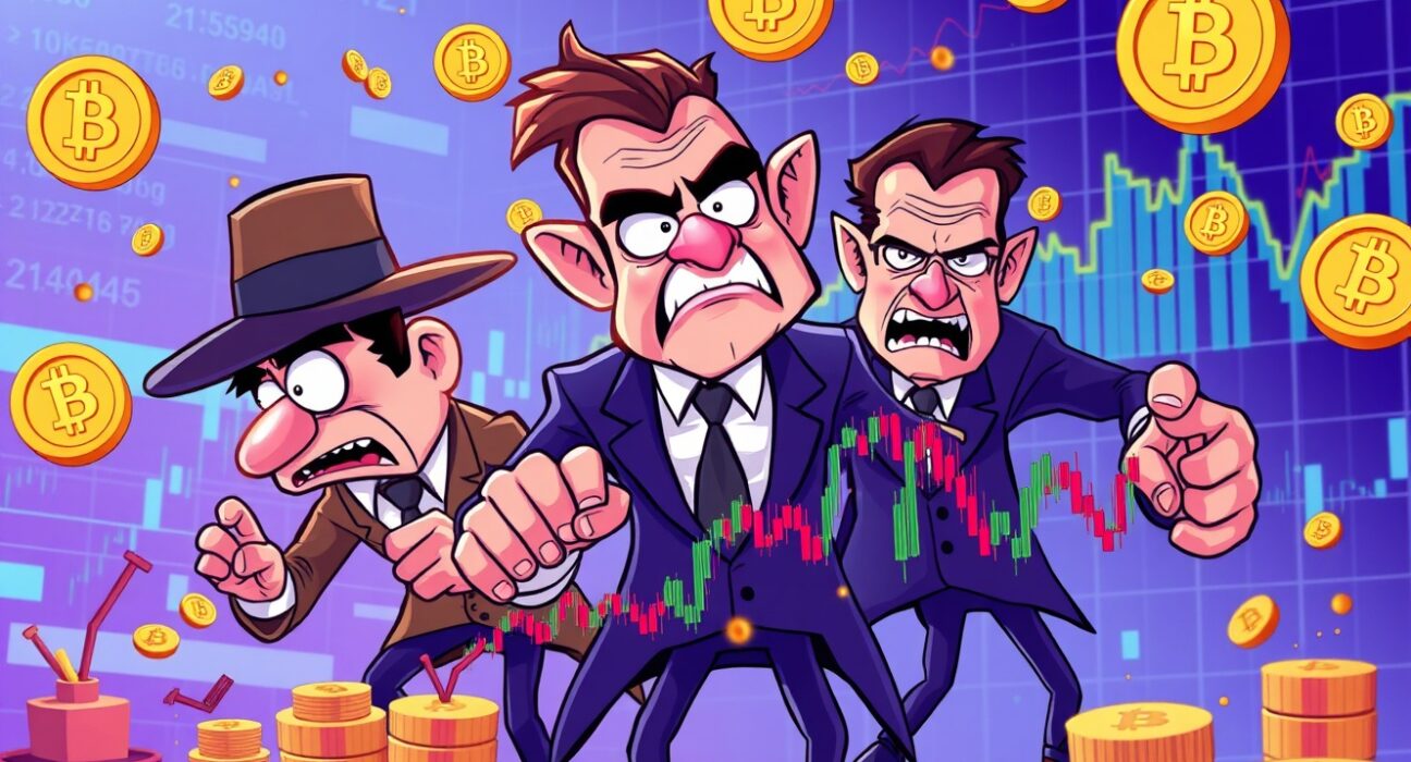 Cartoon illustration exposing wash trading manipulation in cryptocurrency markets with suspicious trading patterns