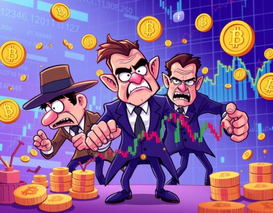 Cartoon illustration exposing wash trading manipulation in cryptocurrency markets with suspicious trading patterns