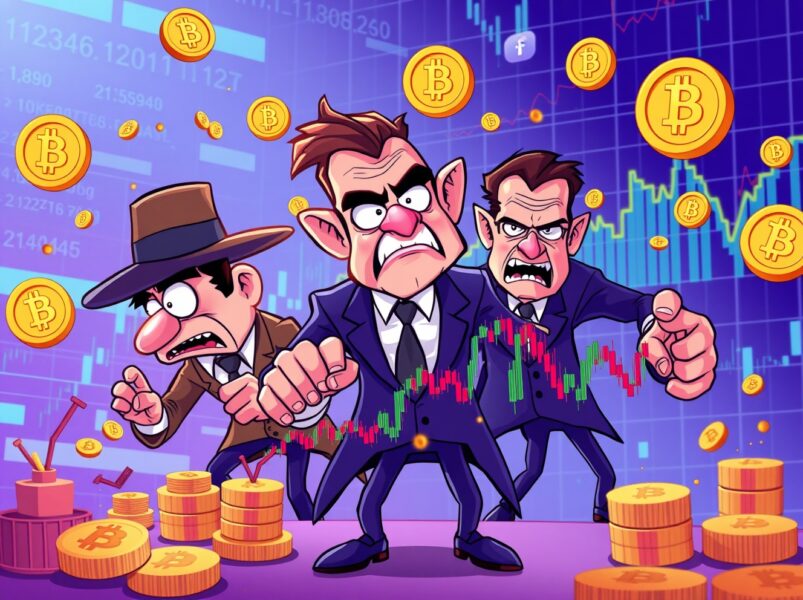Cartoon illustration exposing wash trading manipulation in cryptocurrency markets with suspicious trading patterns