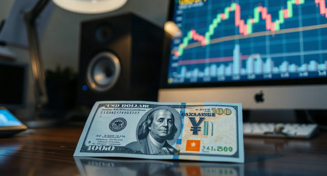 US dollar and Japanese yen banknotes with a computer screen showing a forex chart