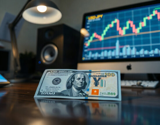 US dollar and Japanese yen banknotes with a computer screen showing a forex chart