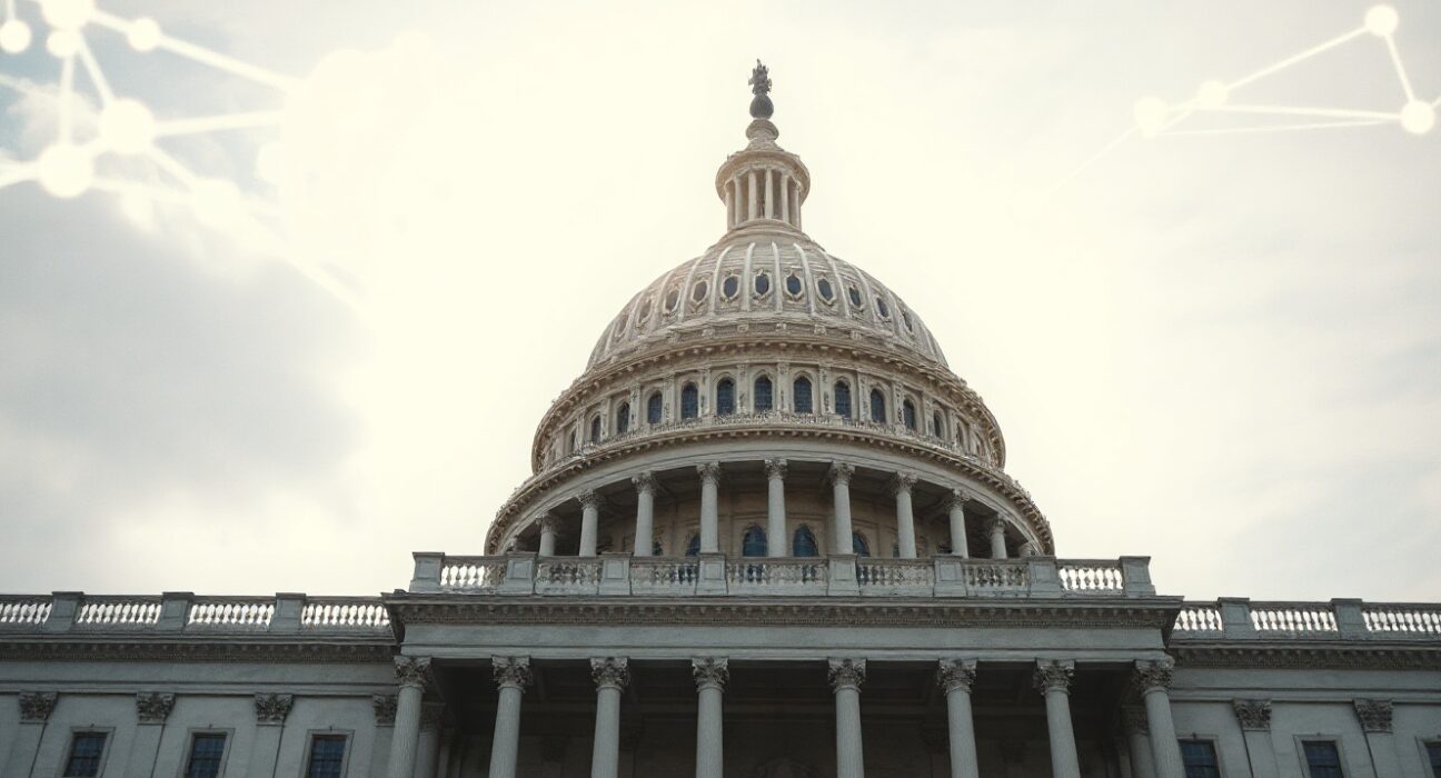U.S. Capitol building with digital neural network overlay symbolizing AI policy